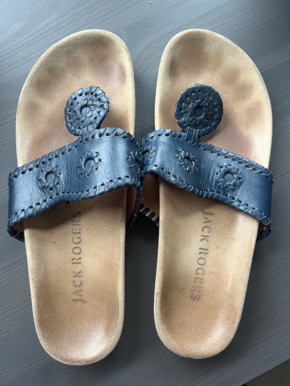 Jack Rogers Navy Leather Sandal with Signature Medallion “Comfort Jacks”